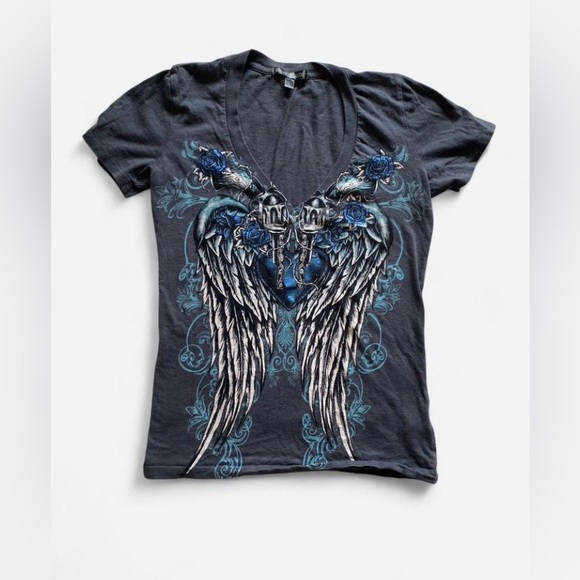 Y2k Grunge Blue & Grey Fitted V Neck Tee Guns, Roses, Hearts & Wings Design - Picture 5 of 7